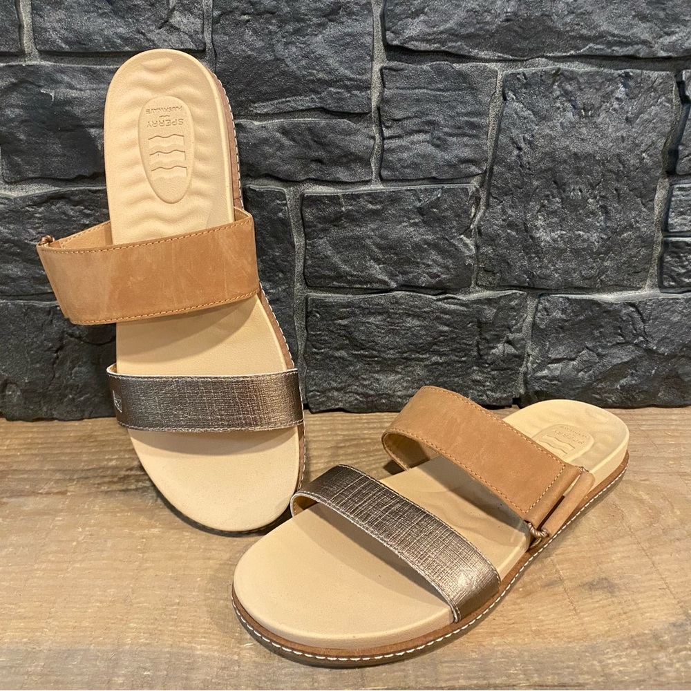Sperry Tan and Bronze Slide Sandals